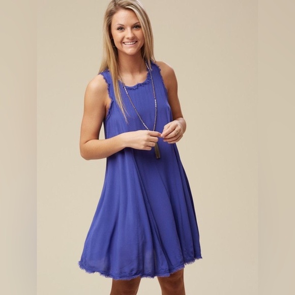 Blue Raw Hem Swing Mini Dress - Picture 1 of 7